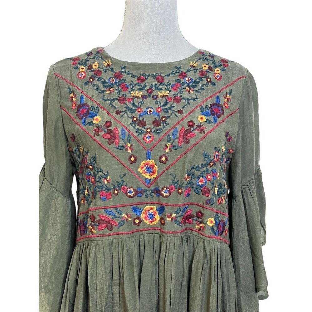 Altar'd State Dress Womens S Olive Green Boho Floral Embroidered Babydoll Tunic - Picture 2 of 11